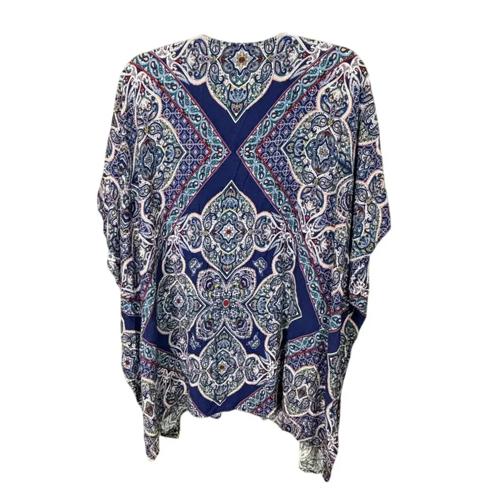 Artesia Boho Paisley Kimono Cardigan 100% Rayon Open Front Blue and Pink Tones